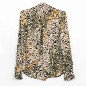 Bar III Dotted Tie Neck Long Sleeve Blouse New Condition Small 22C Green Black